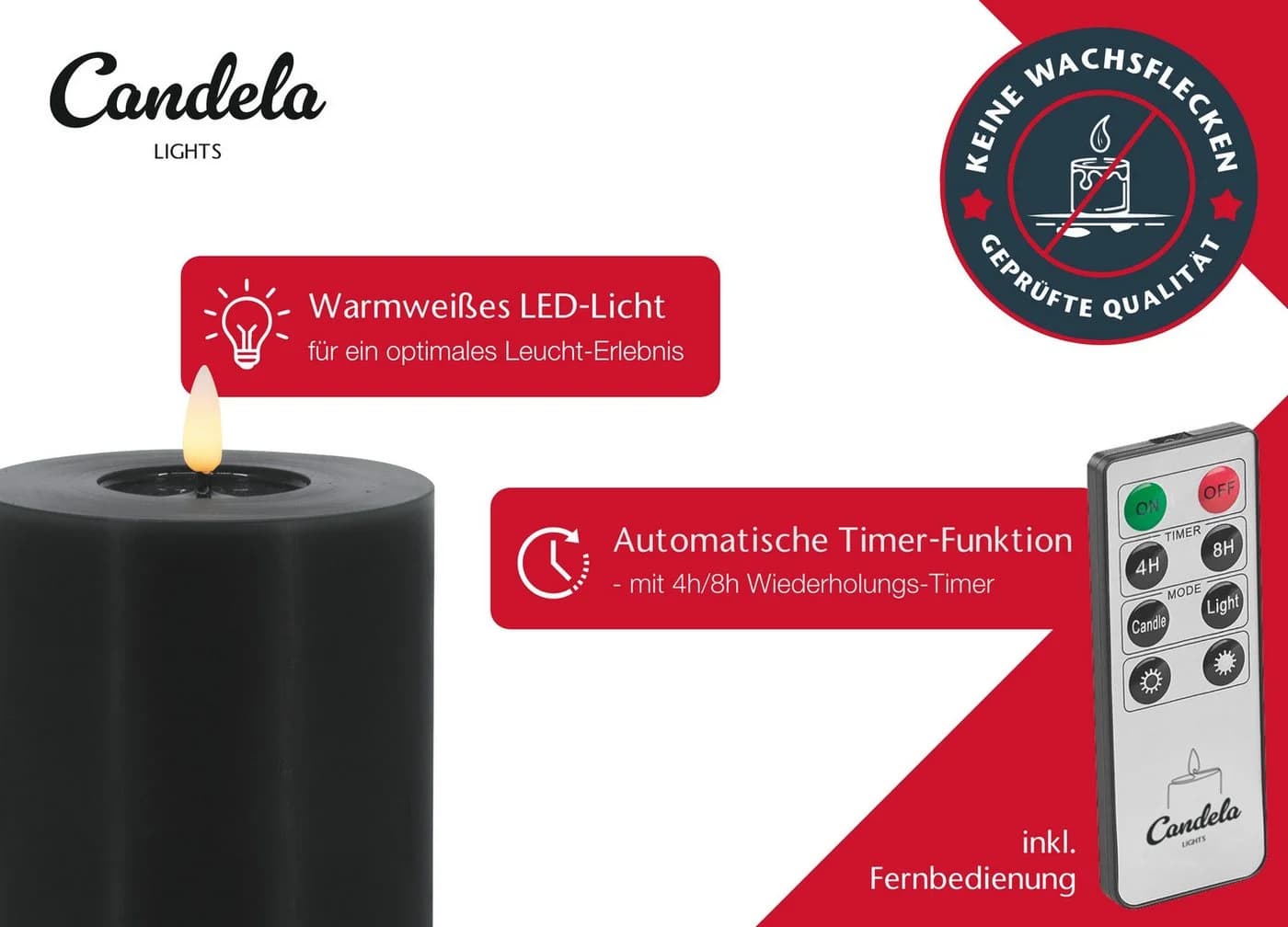 LC Home LED-Kerze Candela Lights LED Kerzen Echtwachs 4er-Set mit Fernbedienung Batterien Timerfunktion Dimmbar - Bild 3