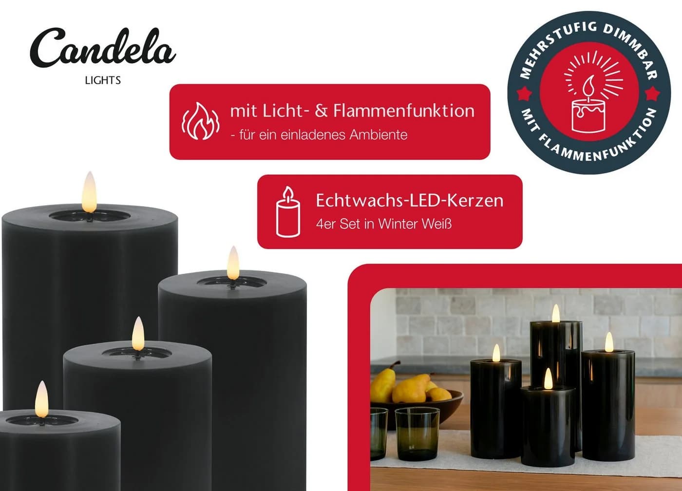 LC Home LED-Kerze Candela Lights LED Kerzen Echtwachs 4er-Set mit Fernbedienung Batterien Timerfunktion Dimmbar - Bild 5
