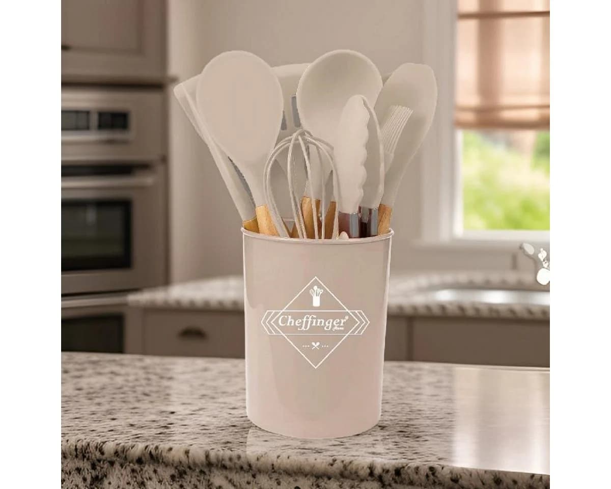 Cheffinger Kochbesteck-Set 12-tlg. Beige Silikon Holzgriff