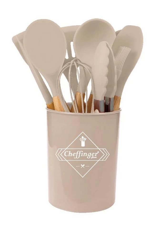 Cheffinger Kochbesteck-Set 12-tlg. Beige Silikon Holzgriff - Bild 2