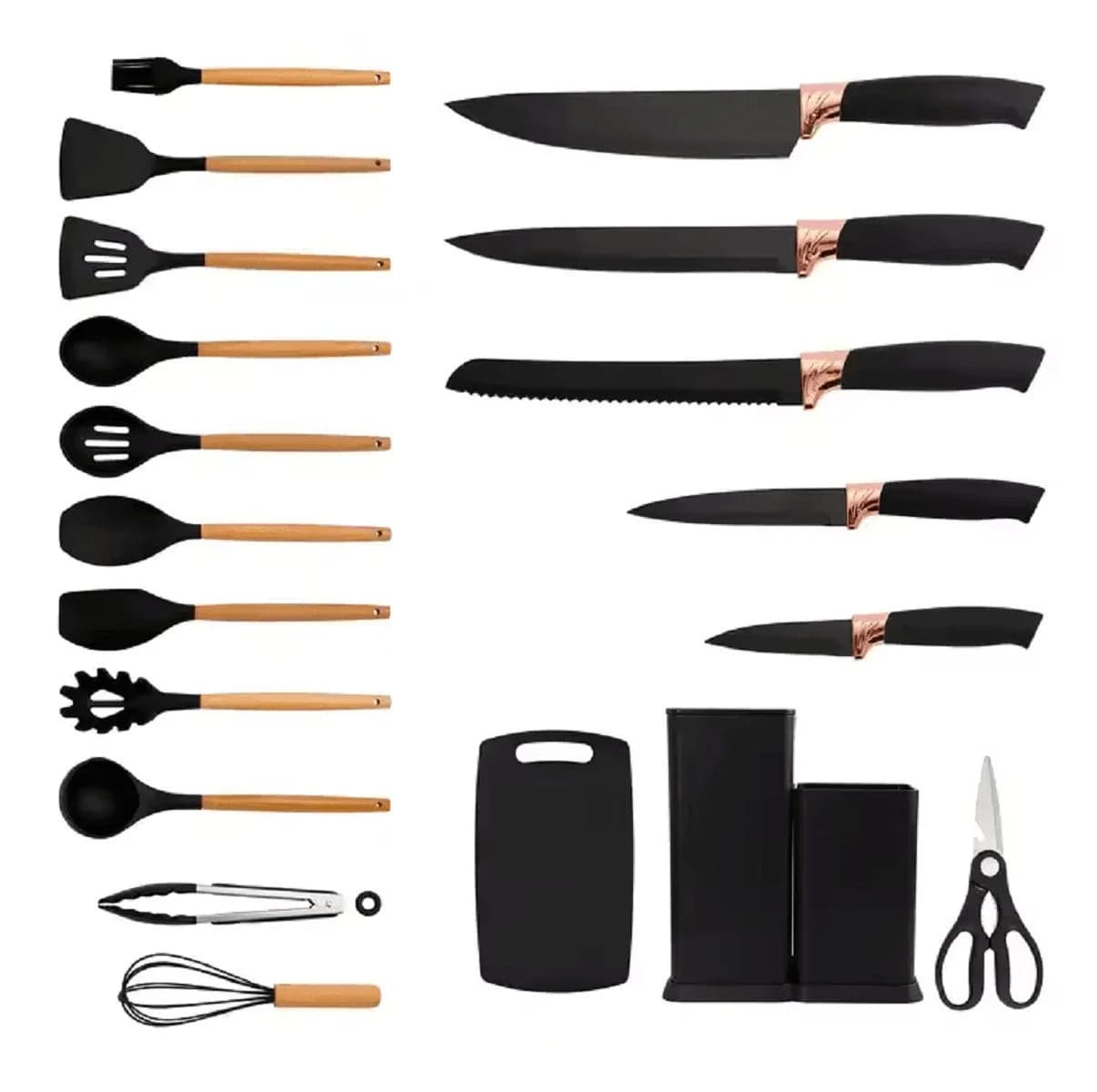 Cheffinger Kochbesteck-Set 19-tlg. Schwarz mit Messerset