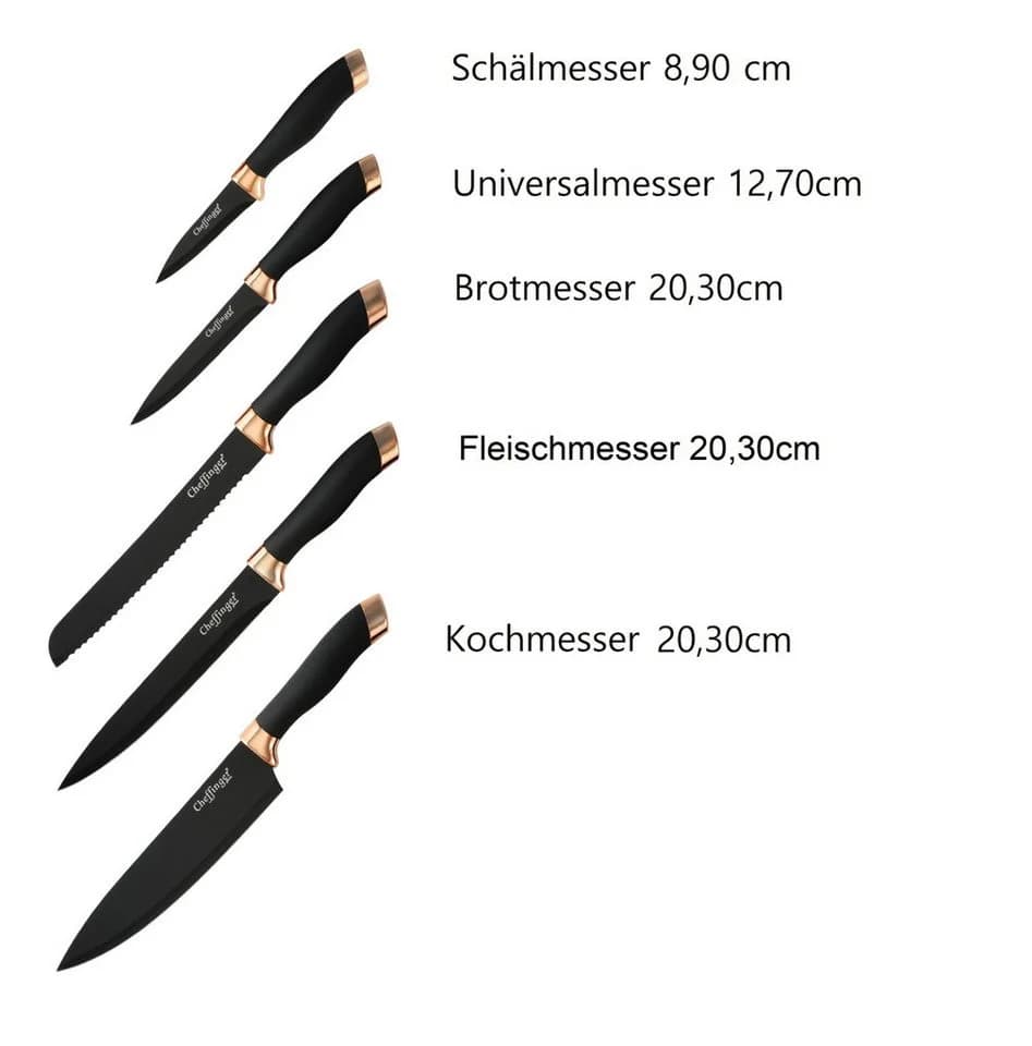 Cheffinger Messer-Set 6 tlg. Schwarz-Gold Drehbarer Messerständer - Bild 3