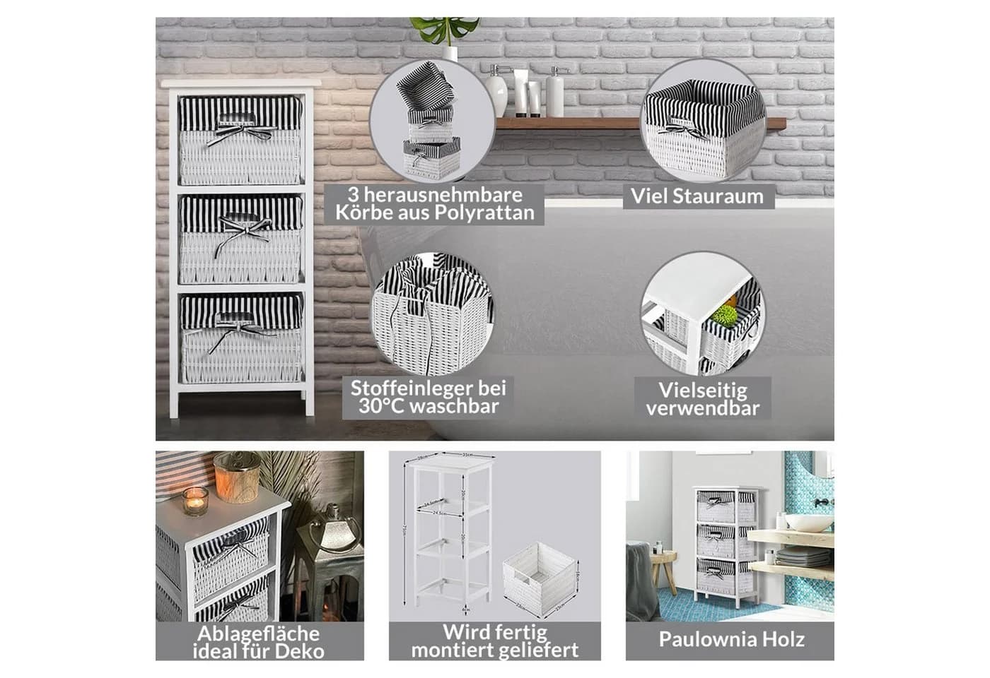 HTI-Living Badregal Mia mit 3 Körben Weiß Schwarz Landhausstil - Bild 4