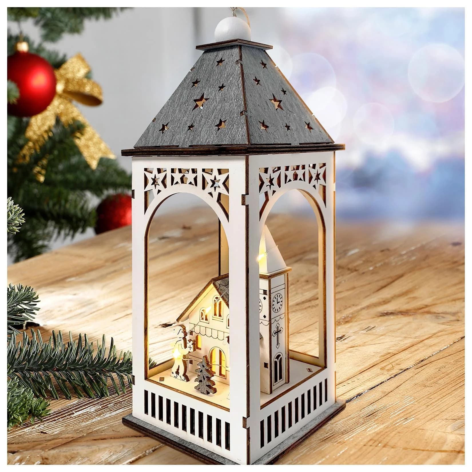 HTI-Living LED Holzlaterne mit Kirche und Figuren Weihnachtsdeko mit 8 LEDs