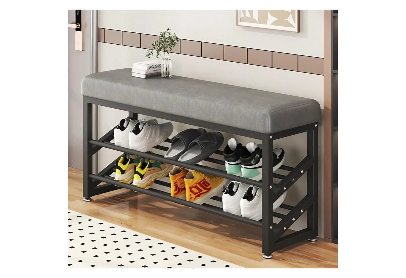 HTI-Living Schuhregal Grau Metall 2 Ebenen mit Sitzkissen - Bild 2