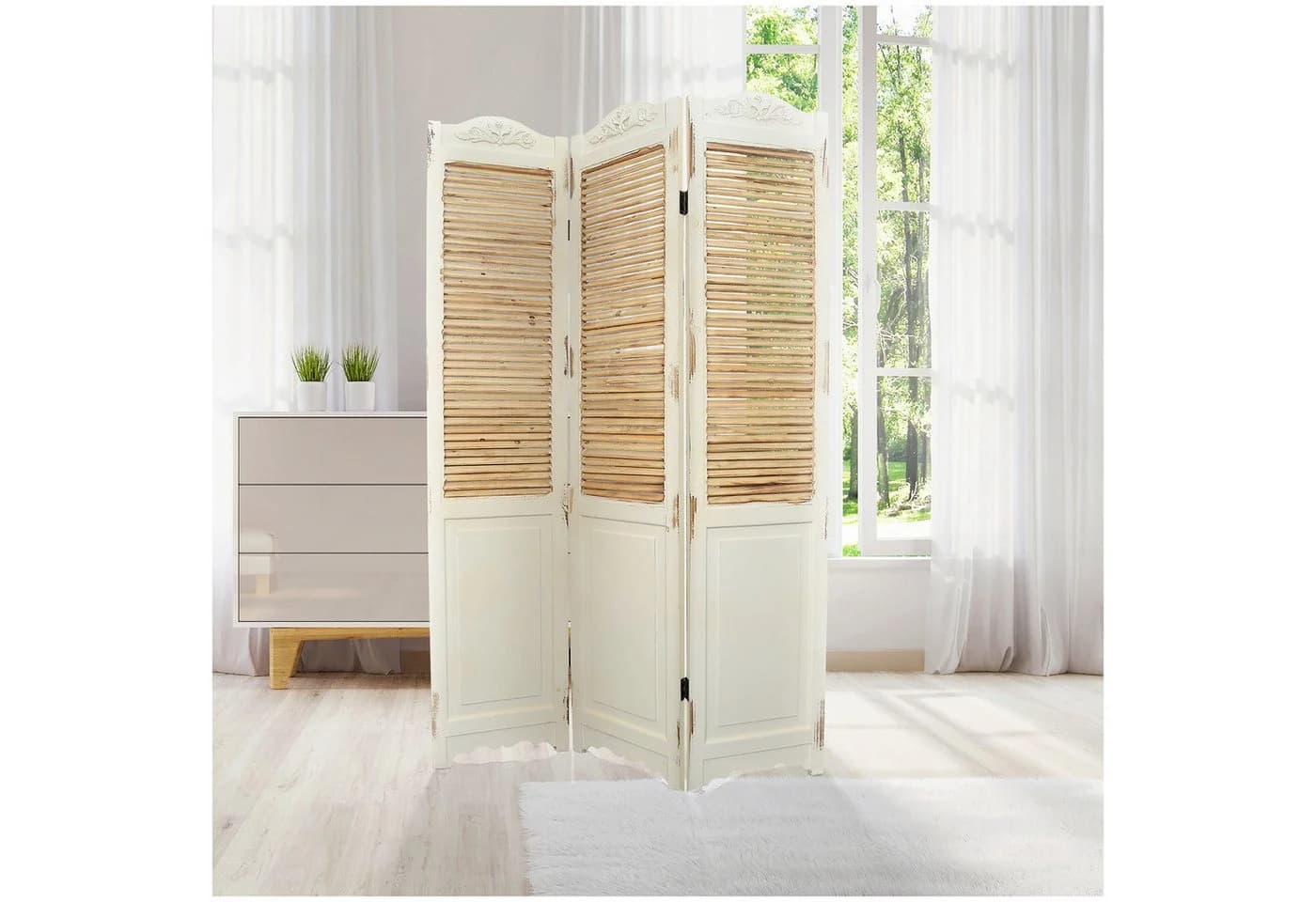 HTI-Living Paravent 3-teilig Shabby Chic Weiß/Natur
