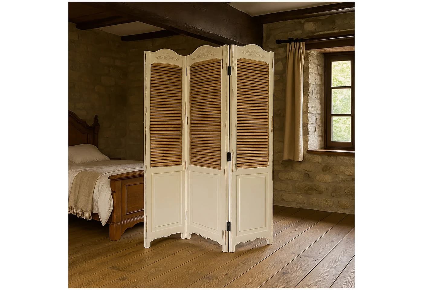 HTI-Living Paravent 3-teilig Shabby Chic Weiß/Natur - Bild 2