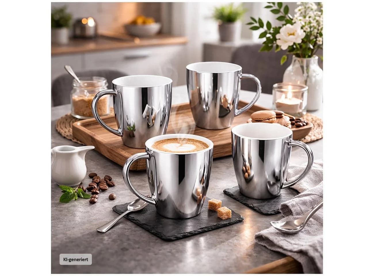 Neuetischkultur Becher-Set 4-tlg. Silber/Weiß Porzellan mit Henkel