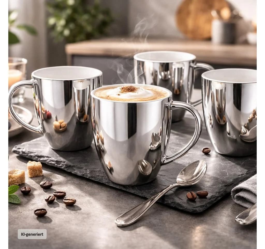 Neuetischkultur Becher-Set 4-tlg. Silber/Weiß Porzellan mit Henkel - Bild 3