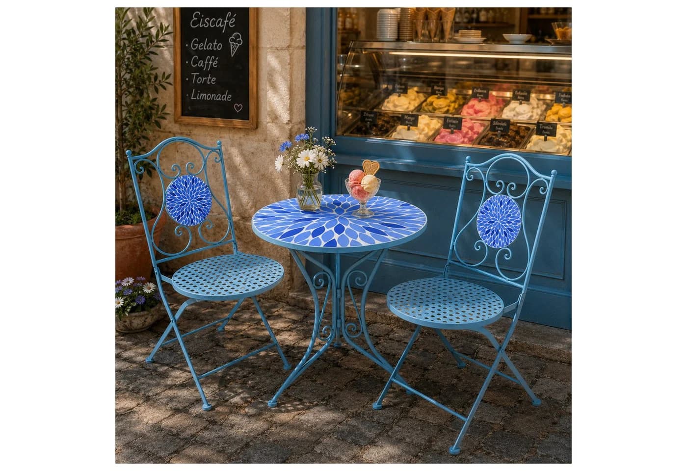 HTI-Living Gartentisch Metall Blau mit Blütenmotiv - Bild 5