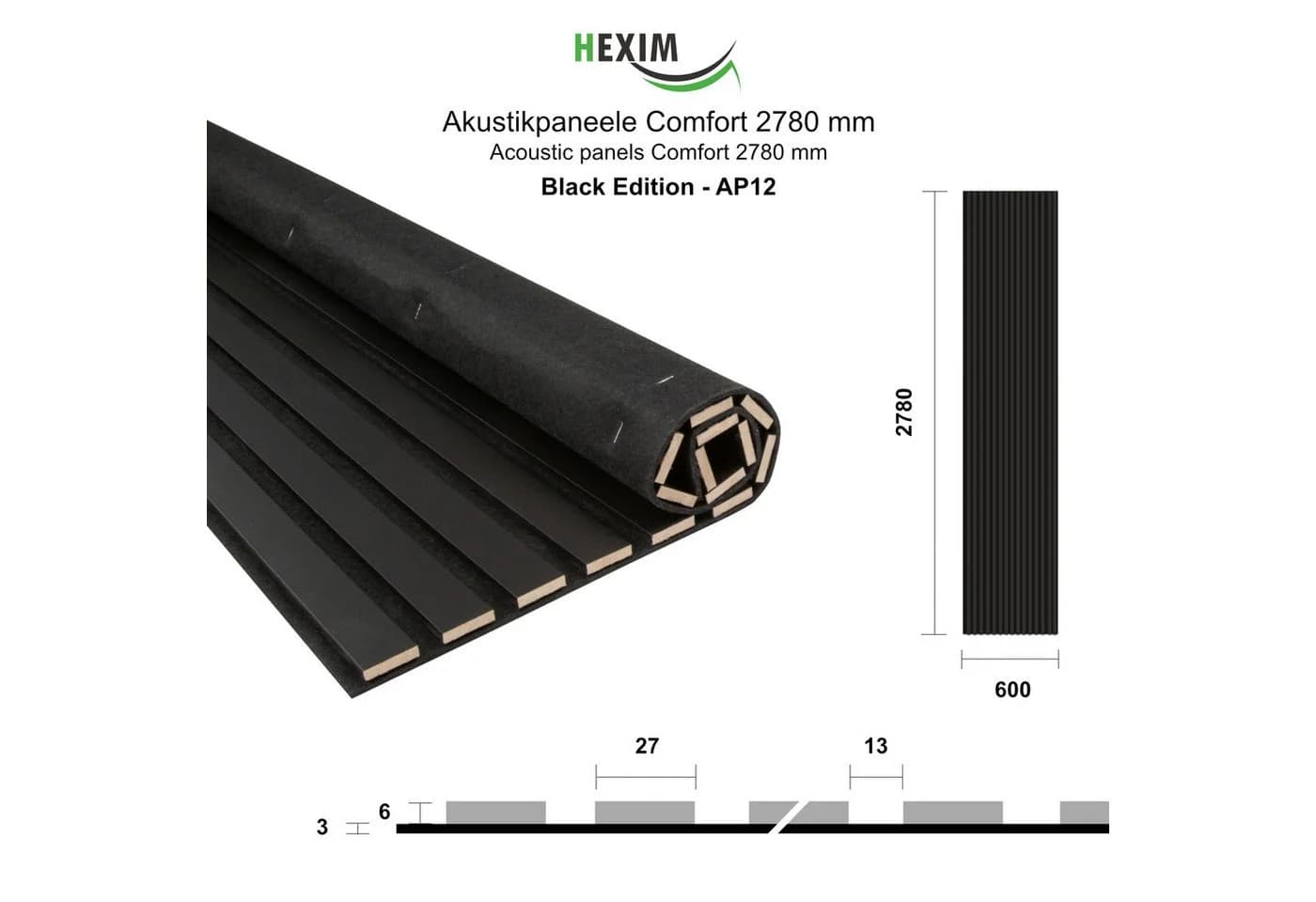 Hexim Wanddekoobjekt AP12 Akustikpaneele Schwarz Flexibel MDF