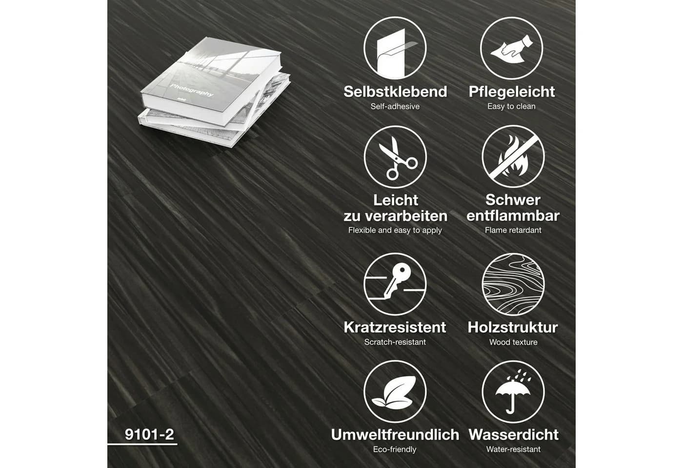 Hexim Vinylboden, Vinyldielen 0,97m² selbstklebend PVC Wandverkleidung Bodenbelag Holzoptik 91x15cm Paneele für Wand & Boden Holzdielen schwarz - Bild 3