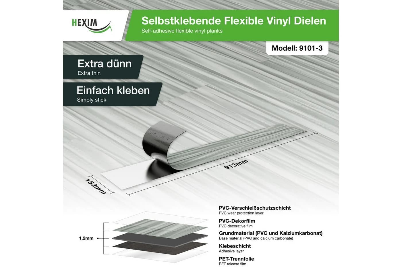 Hexim Vinylboden, Vinyldielen 0,97m² selbstklebend PVC Wandverkleidung Bodenbelag Holzoptik 91x15cm Paneele für Wand & Boden Holzdielen grau