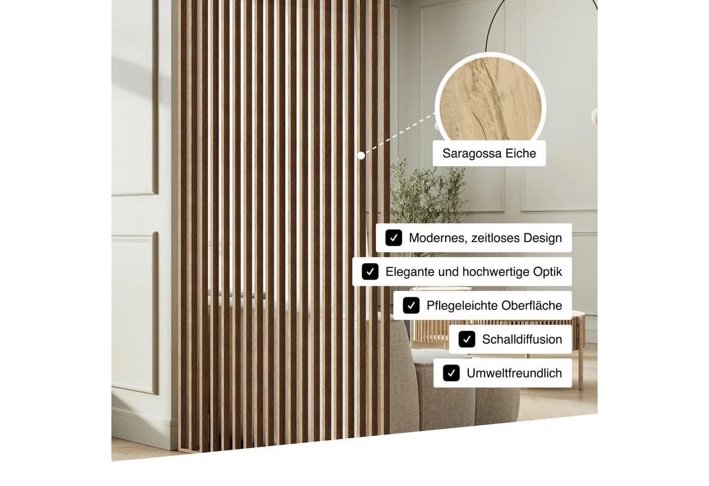 Hexim Lamellenwand Raumteiler Freistehend MDF Saragossa Eiche