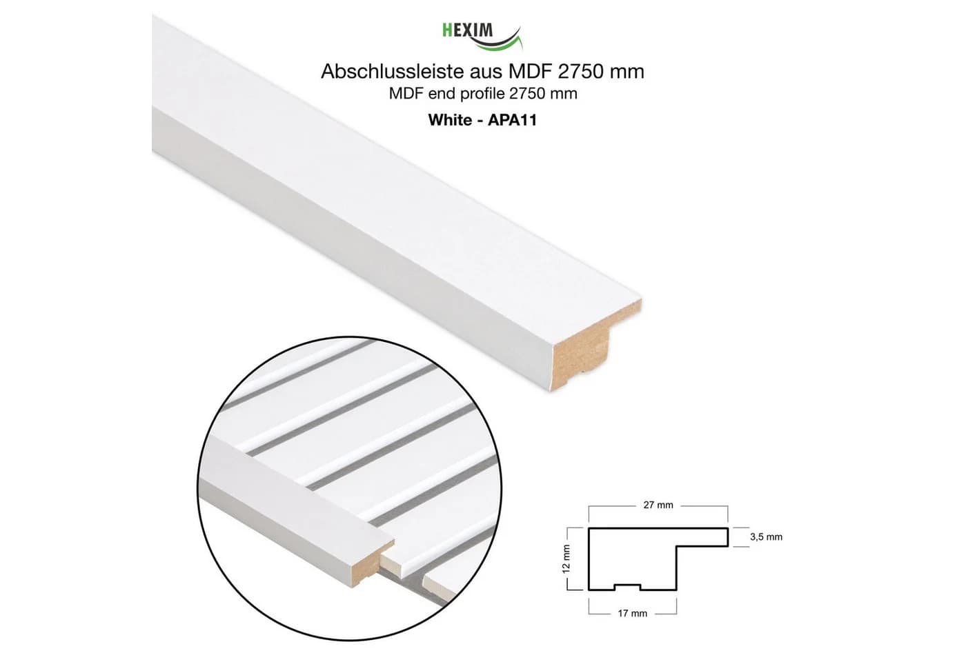 Hexim Abschlussleiste APA11 Weiß für Akustikpaneele