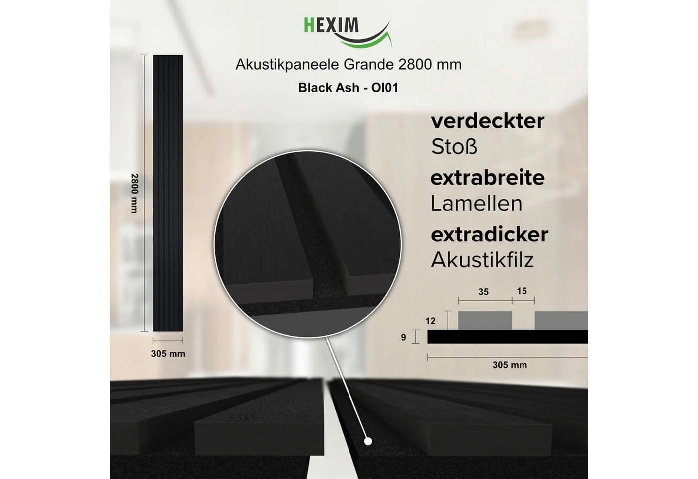 Hexim Wandpaneel 6x 280x30cm Schwarz Akustik Holzlamellen