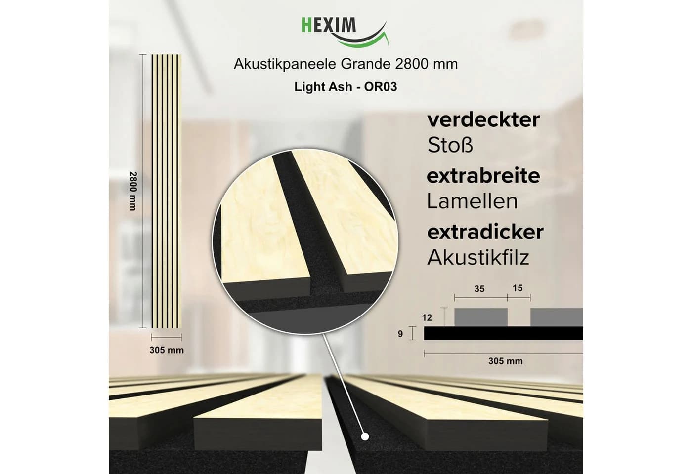 Hexim Akustikpaneel Echtholzfurnier Light Ash XXL Wandverkleidung