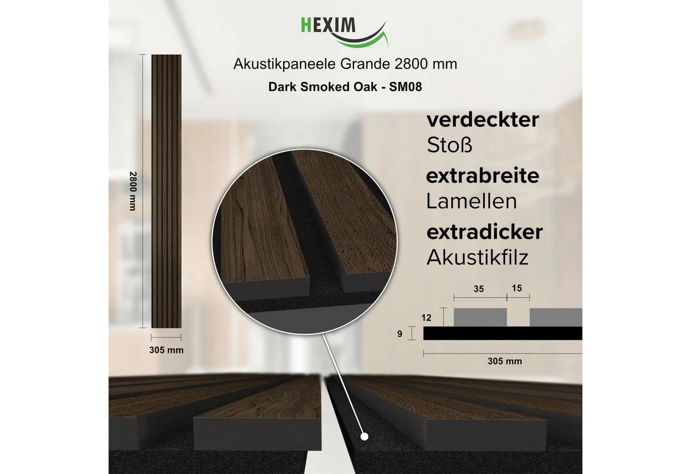 Hexim Akustikpaneel Echtholzfurnier Dark Smoked Oak XXL
