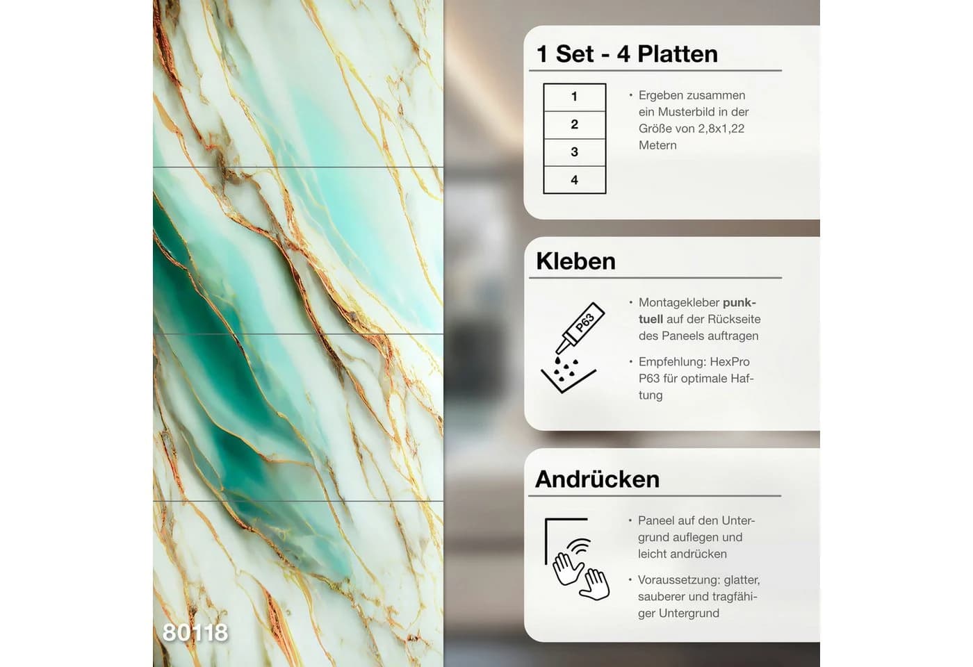 Hexim Wandpaneel Marmoroptik 4er-Set gold