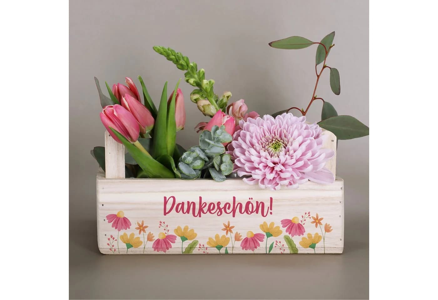 Herz & Heim Geschenkbox aus Holz mit Blumenmotiv und Griffen