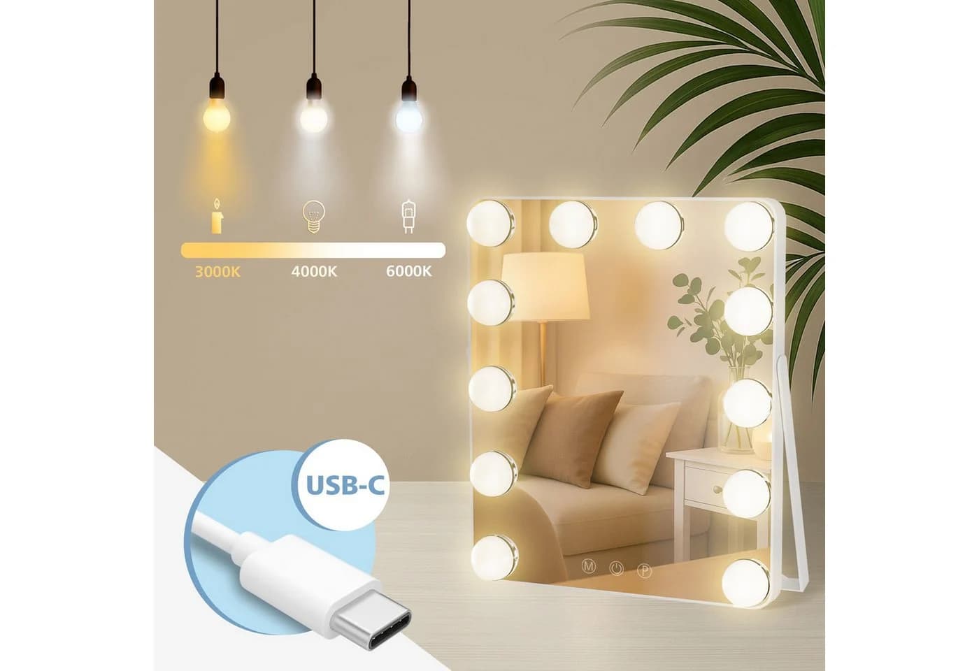 CLP Schminkspiegel Balian LED 3 Lichtfarben USB-C Hollywoodspiegel - Bild 3