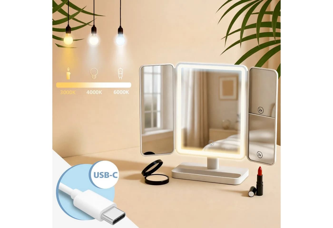 CLP Schminkspiegel Otley LED Vergrößerung 1X/2X/3X USB-C-Kabel - Bild 3
