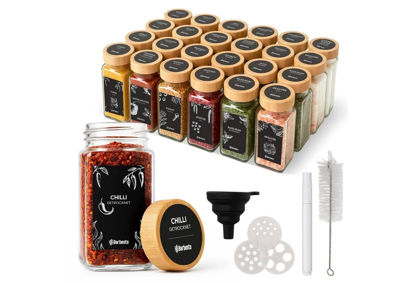 CLP Gewürzglas-Set 24er, 120ml, Glas mit Holzdeckel, inkl. Zubehör - Bild 2