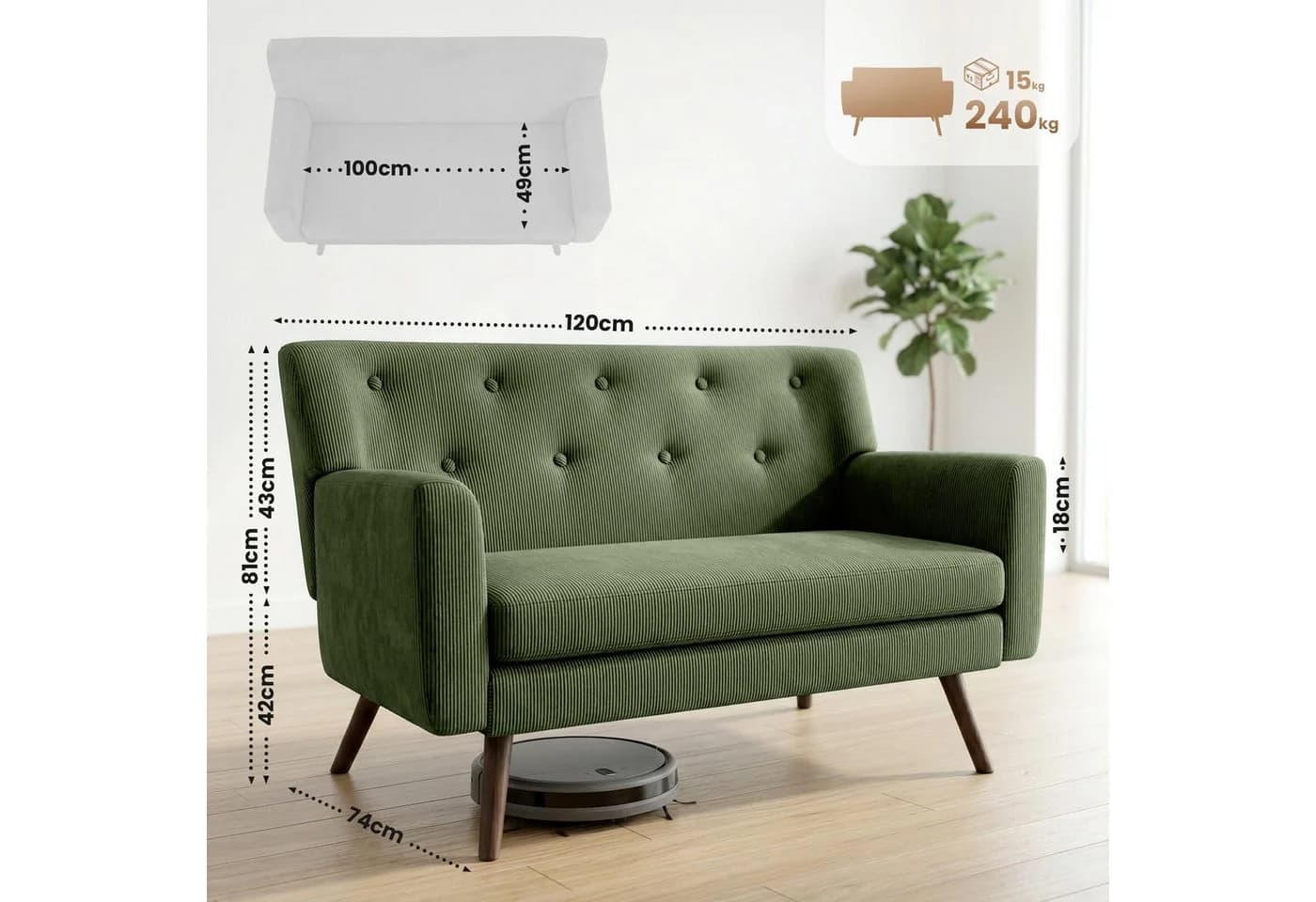 CLP Sofa Kioni Cordbezug 2-Sitzer Kautschukholz