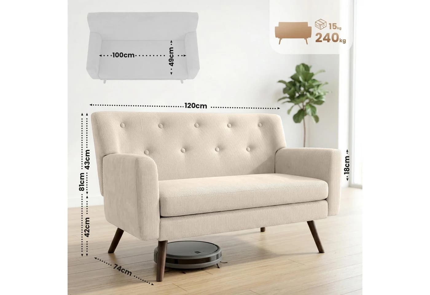 CLP Sofa Kioni Cordbezug 2-Sitzer Kautschukholz