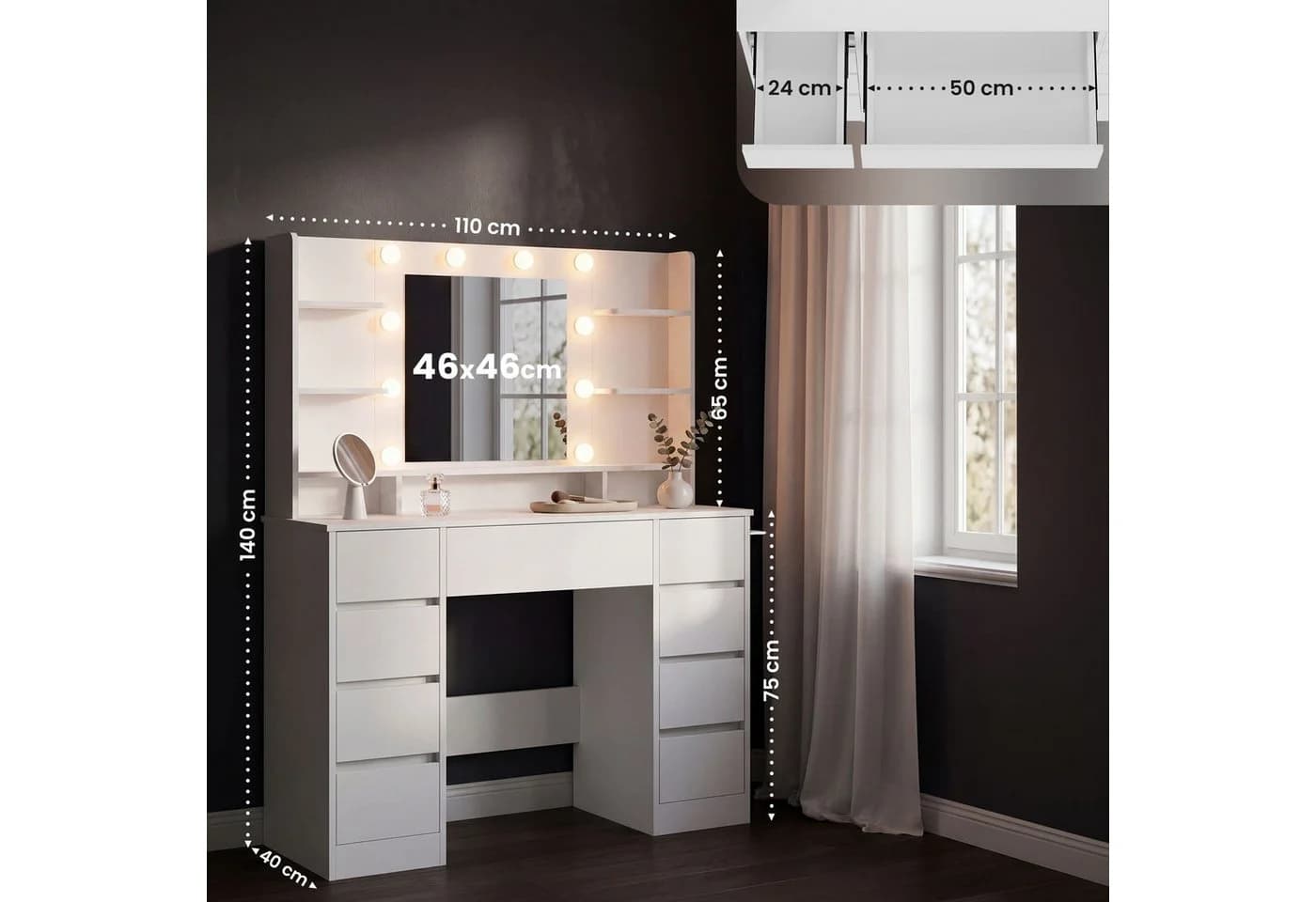 CLP Schminktisch Pretty mit LED Hollywoodspiegel und USB-Anschluss