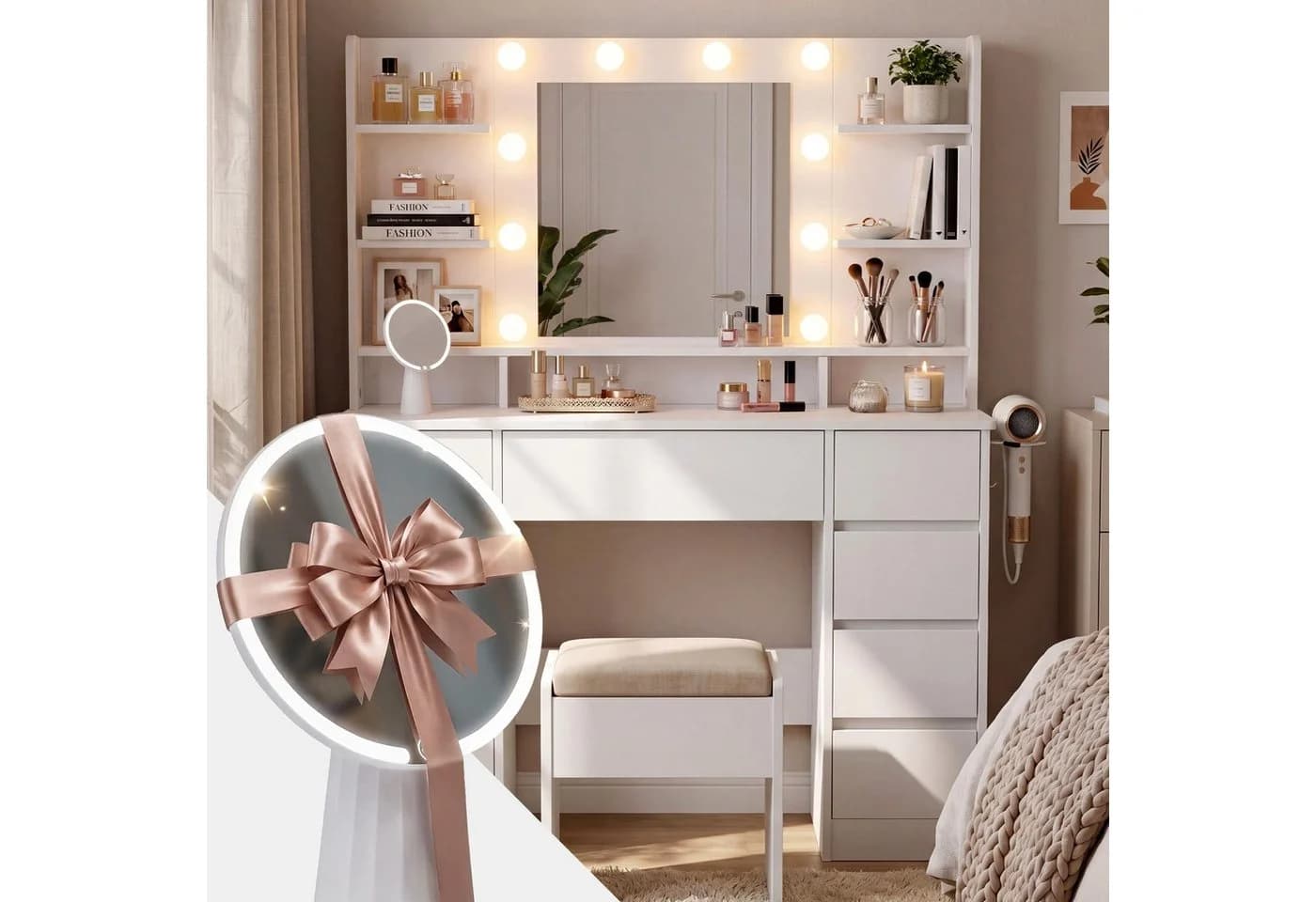 CLP Schminktisch Pretty mit LED Hollywoodspiegel und USB-Anschluss - Bild 2