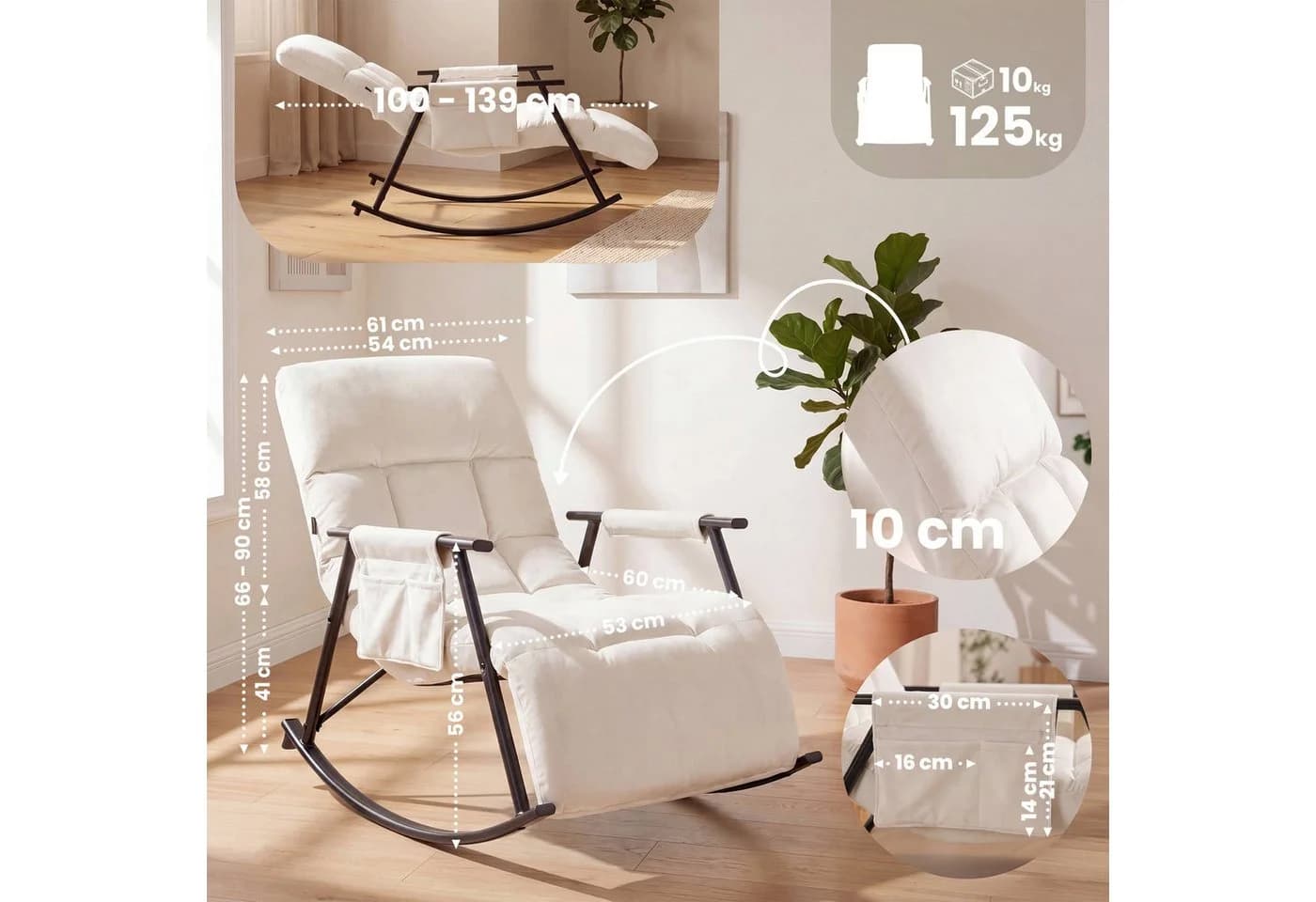 CLP Schaukelstuhl Elara Beige mit verstellbarer Rückenlehne und Tasche