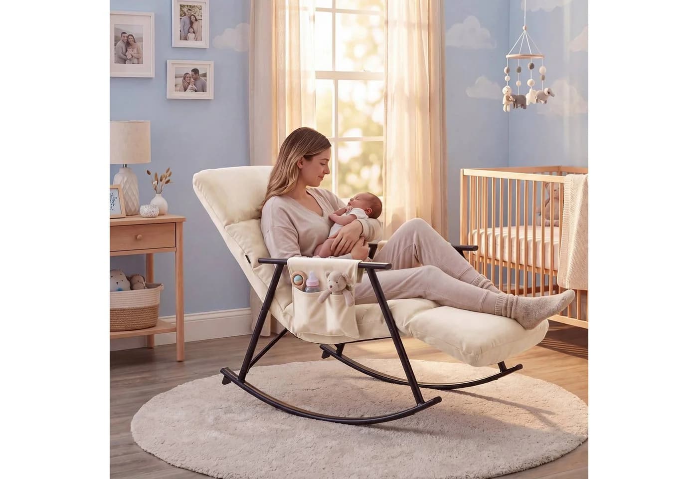 CLP Schaukelstuhl Elara Beige mit verstellbarer Rückenlehne und Tasche - Bild 4