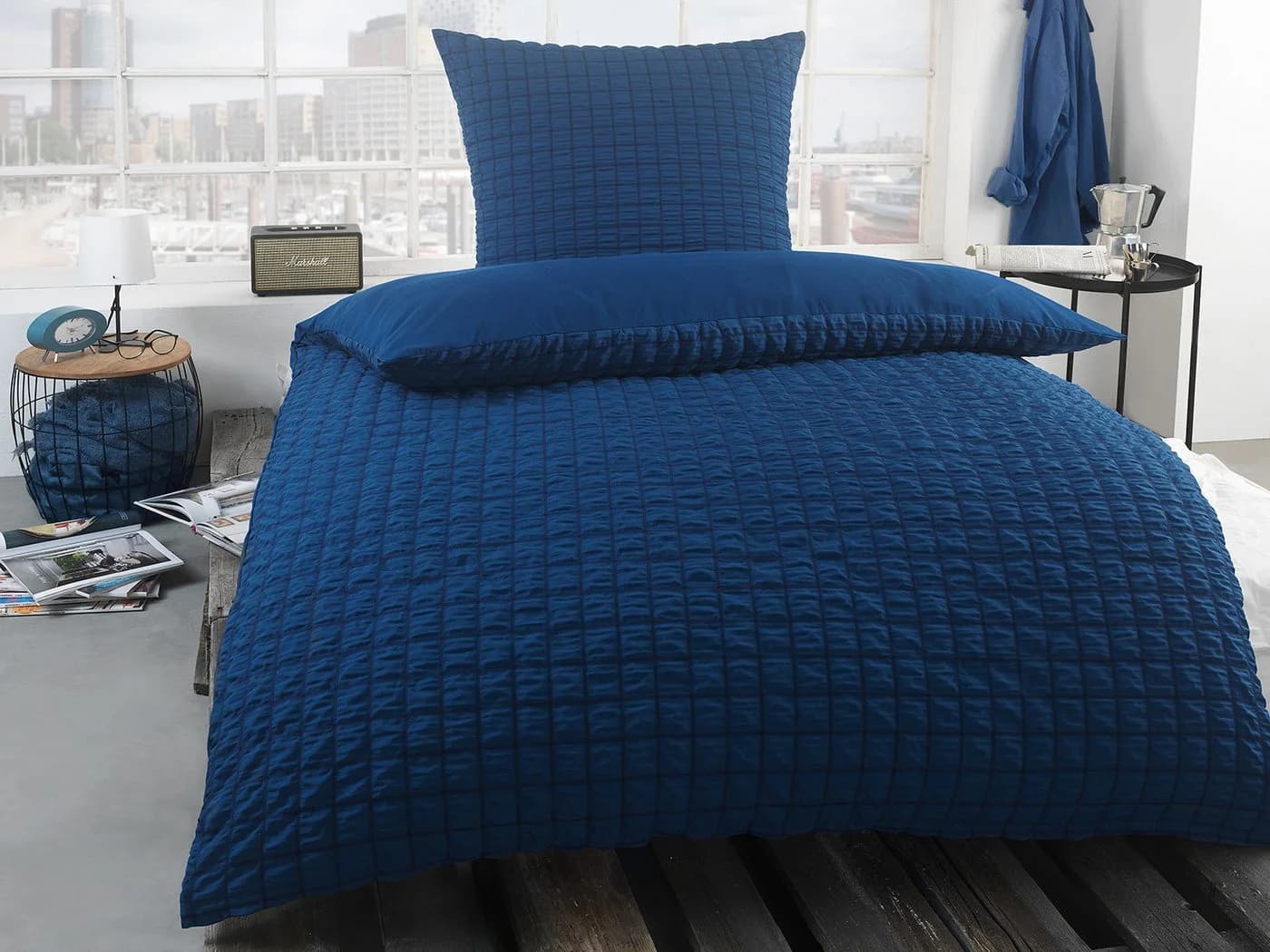 Visaggio Seersucker Bettwäsche Set 4-teilig Blau Gestreift - Bild 3