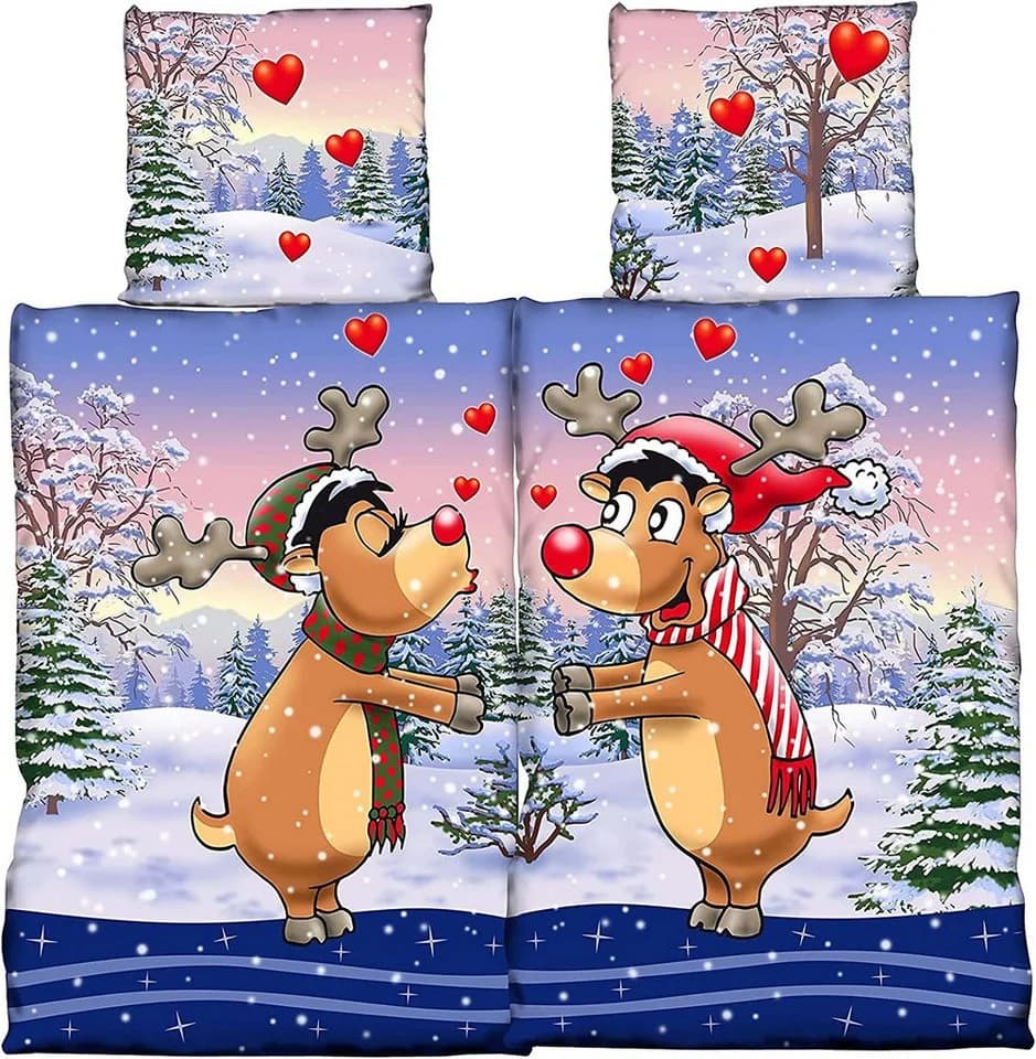 Visaggio Winter Fleece Bettwäsche 4-teilig Thermofleece Kuschelig Weich Partnerbettwäsche Elche