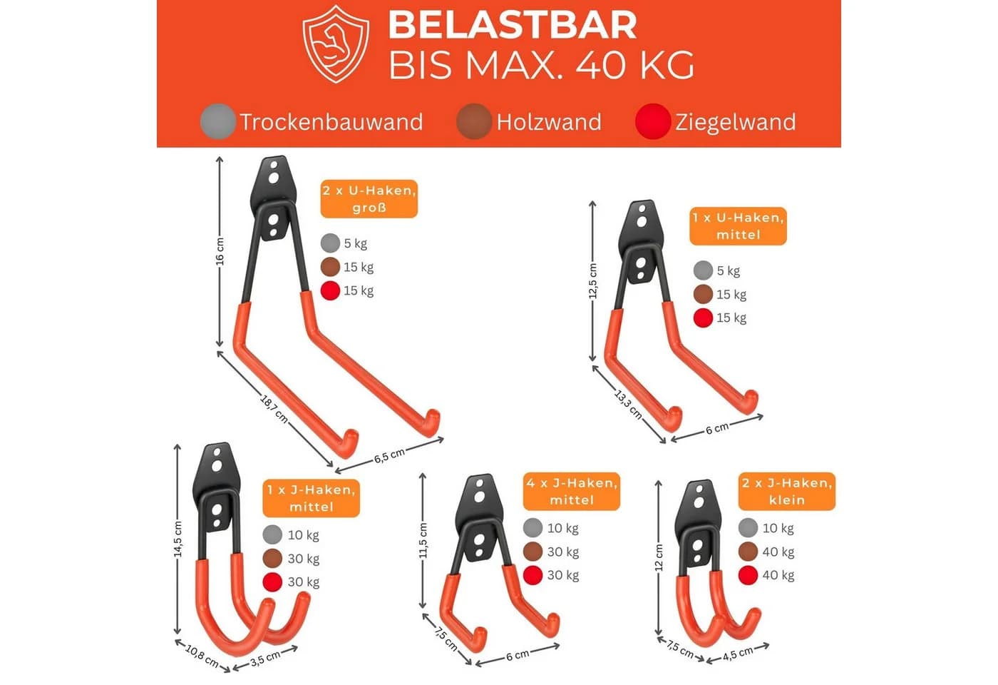 bonsport Wandhaken 12er-Set für Garage & Zuhause
