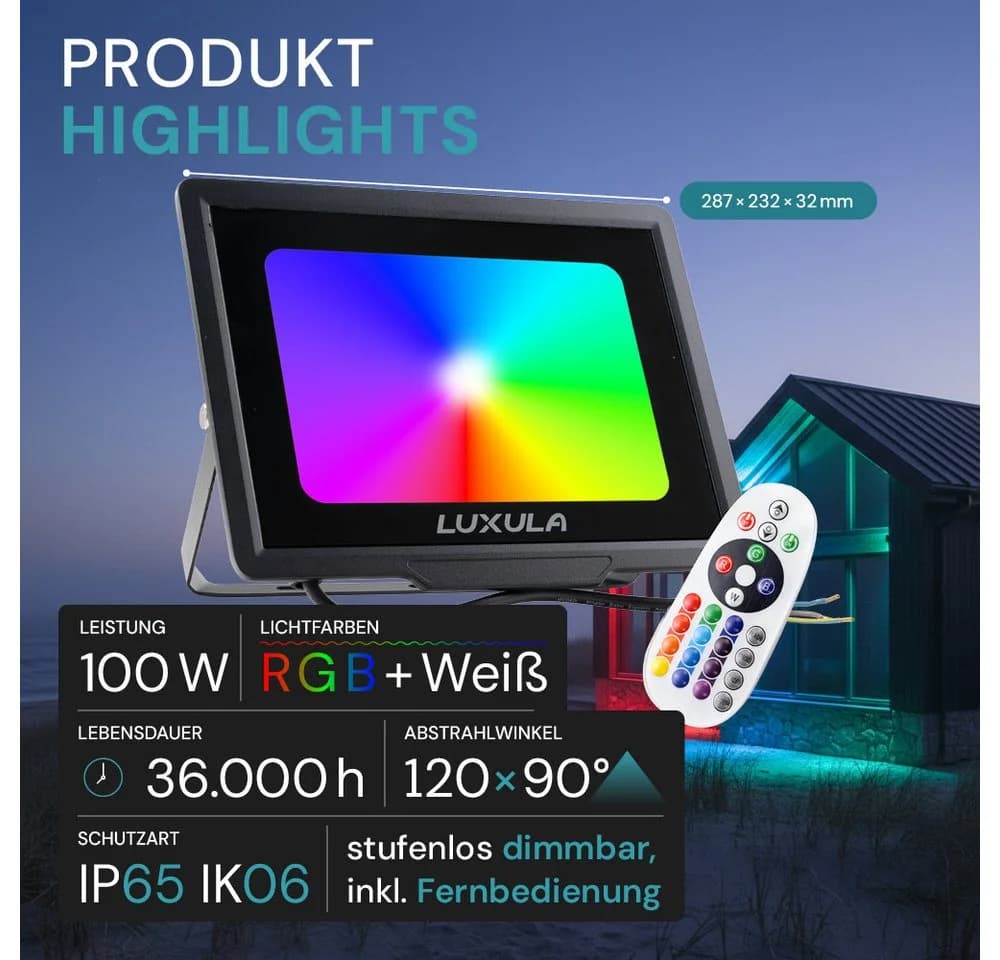 LUXULA RGB LED-Fluter LX400184 100W IP65 Schwarz mit Fernbedienung