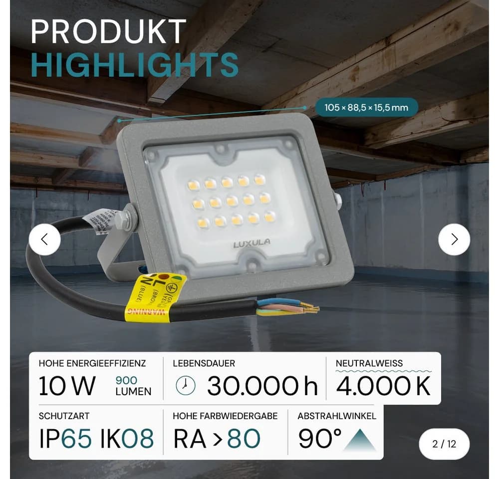 LUXULA LED Flutlichtstrahler 10 W 4000 K Neutralweiß Grau