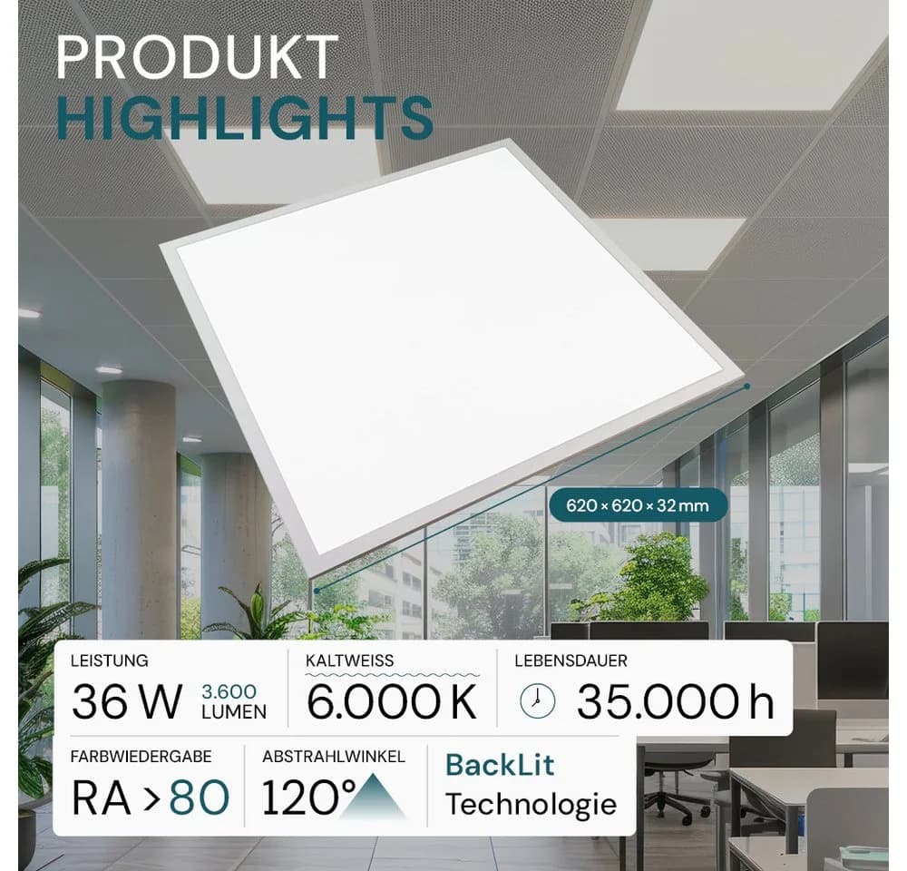 LUXULA LED Rasterleuchte 2er-Pack 62x62 cm 36W Neutralweiß