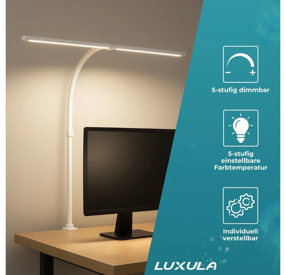 LUXULA LED Schreibtischlampe 80cm Dimmbar Doppelkopf Klemmleuchte Weiß