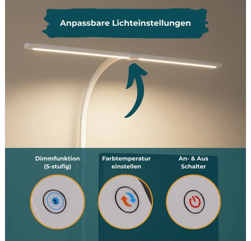 LUXULA LED Schreibtischlampe 80cm Dimmbar Doppelkopf Klemmleuchte Weiß - Bild 3