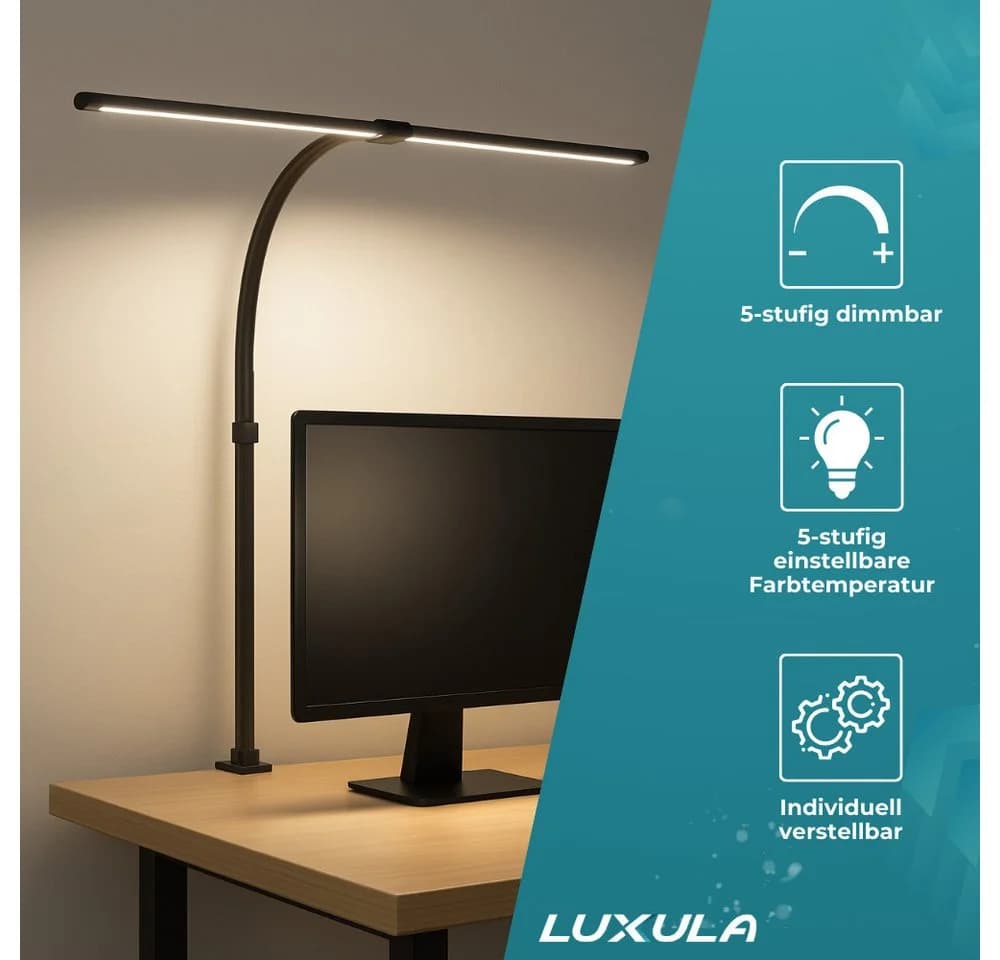 LUXULA LED Schreibtischlampe 80cm Dimmbare Doppelkopf Klemmleuchte