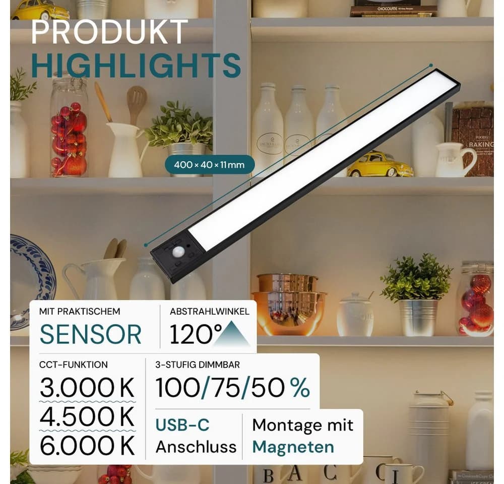 LUXULA LED Unterbauleuchte 40 cm Schwarz CCT einstellbar mit Bewegungsmelder