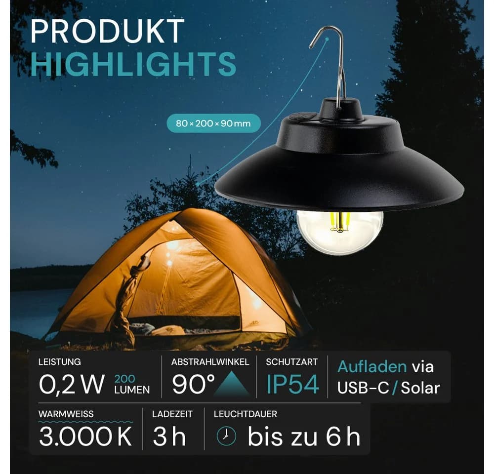 LUXULA LED Solarleuchte Campingleuchte Schwarz Dimmbar IP54