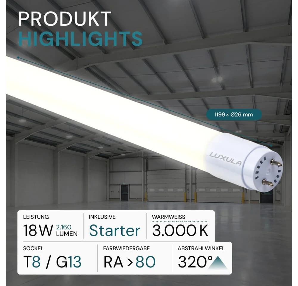 LUXULA LED-Röhre T8 18W 3000K Warmweiß G13