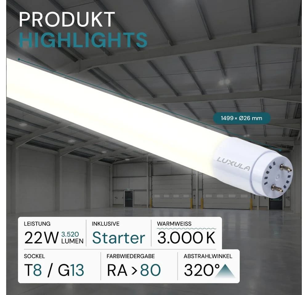 LUXULA LED-Röhre T8 150 cm 22 W 3000 K Warmweiß G13