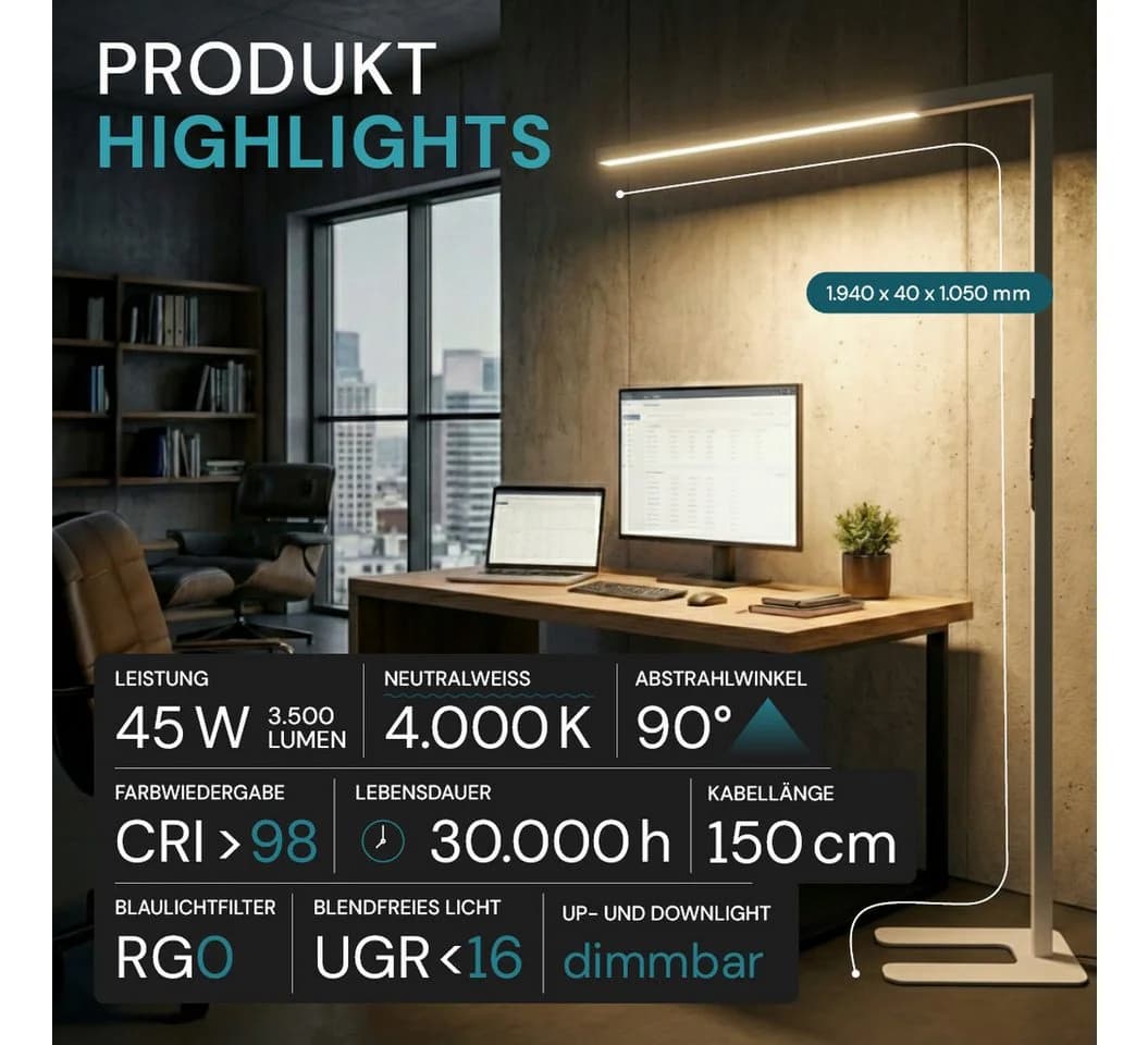 LUXULA LED Stehlampe 45 W 4000 K Neutralweiß Aluminium Touch-Dimmbar