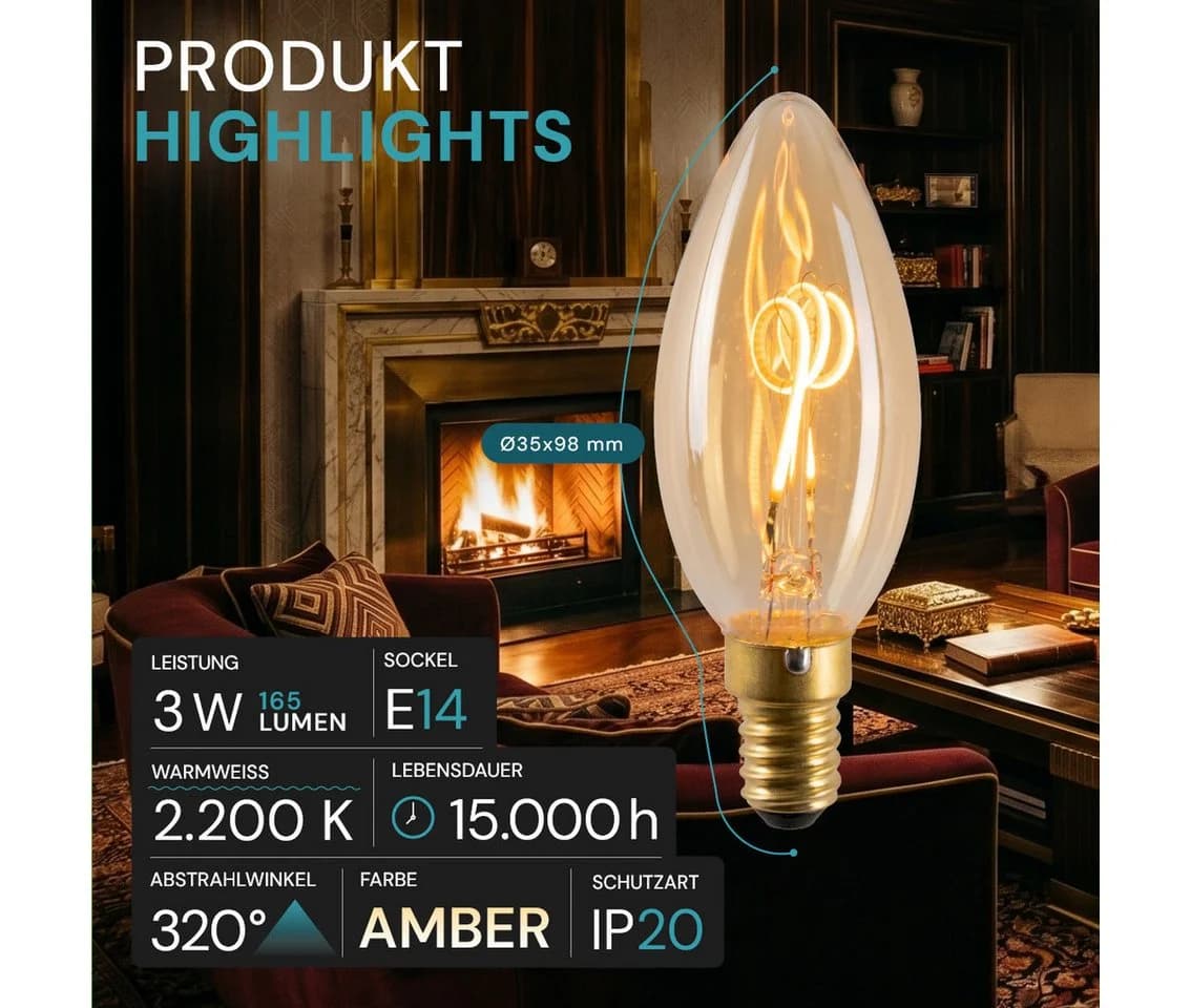 LUXULA LED-Leuchtmittel E14 3W 2200K Warmweiß Bernsteinglas Dimmbar