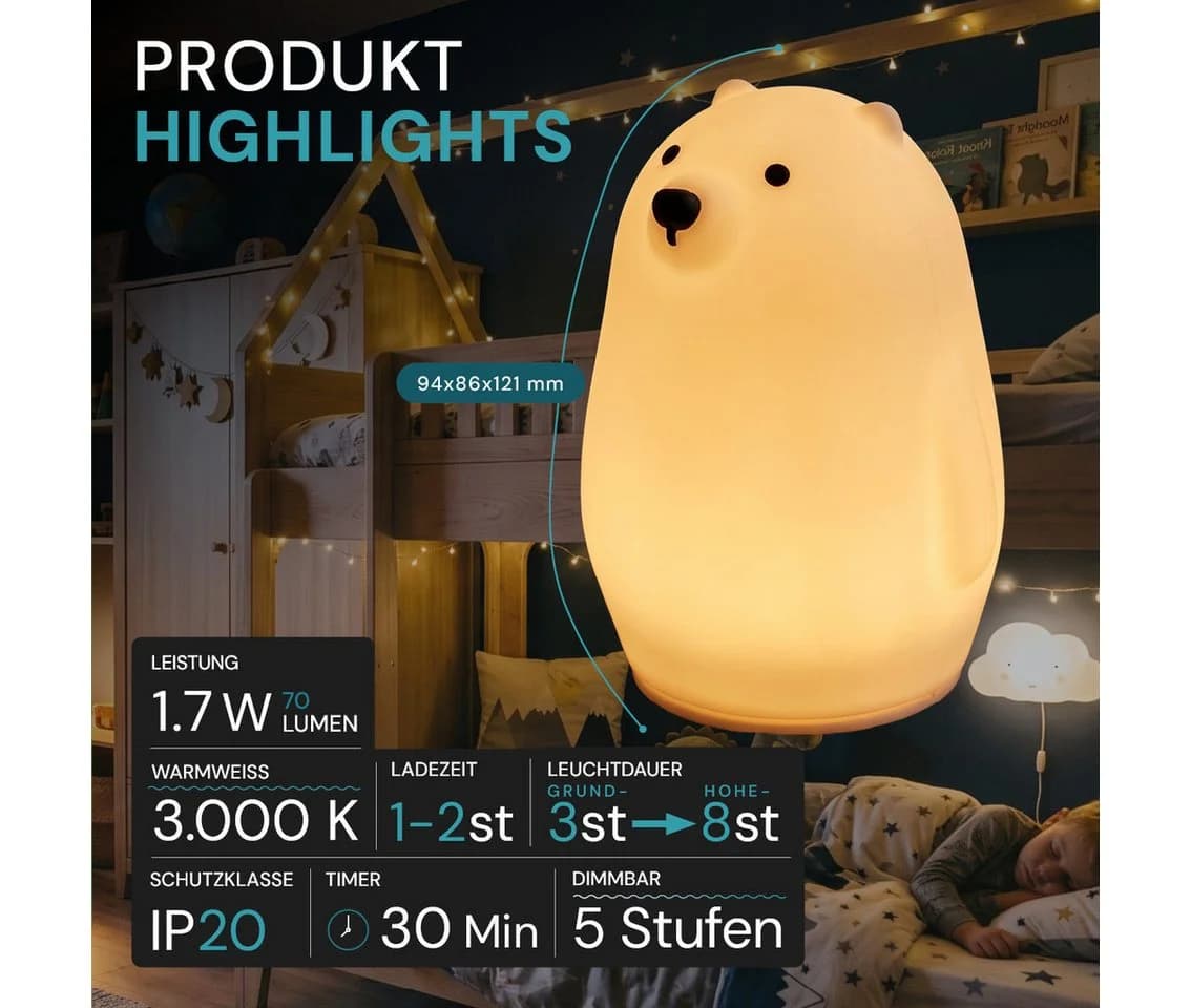 LUXULA LED Nachttischlampe Eisbär Weiß Silikon Dimmbar Akku