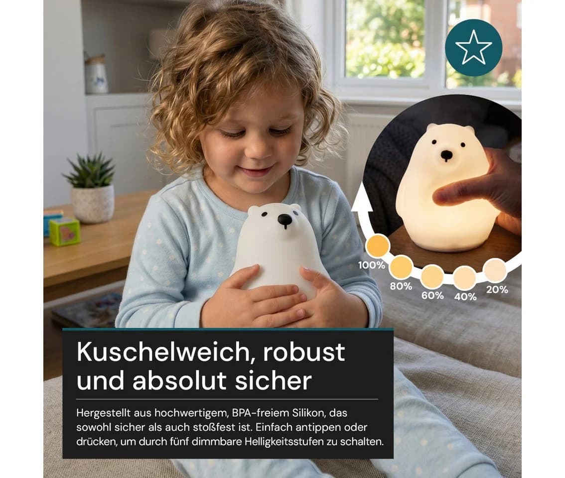 LUXULA LED Nachttischlampe Eisbär Weiß Silikon Dimmbar Akku - Bild 3